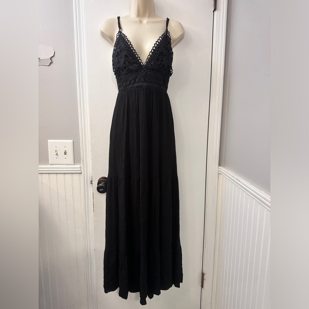 Revamped Black Cutout Maxi Dress Crochet Lace Adjustable Straps 100% Rayon M - Picture 5 of 11